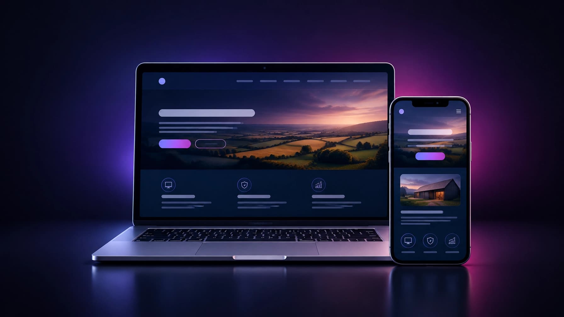 A laptop and smartphone displaying modern website layouts against a dark background with a violet and magenta glow