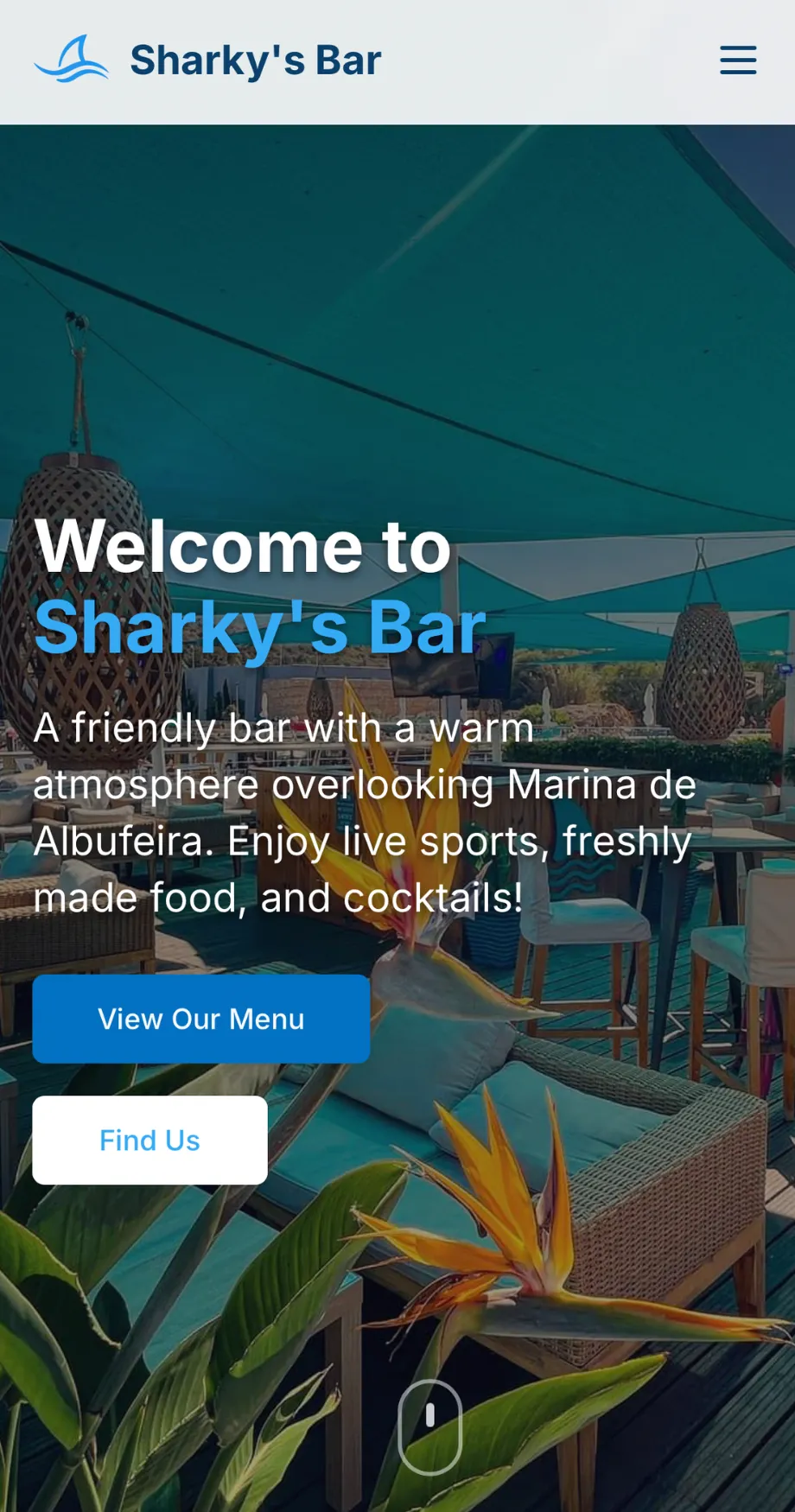 Sharky's Bar website on a mobile phone, overlooking Marina de Albufeira