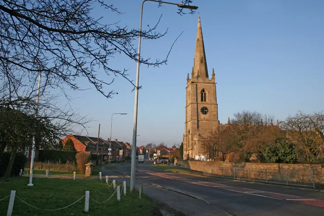 High Street, Great Gonerby, Lincolnshire, with St Sebastian's church tower